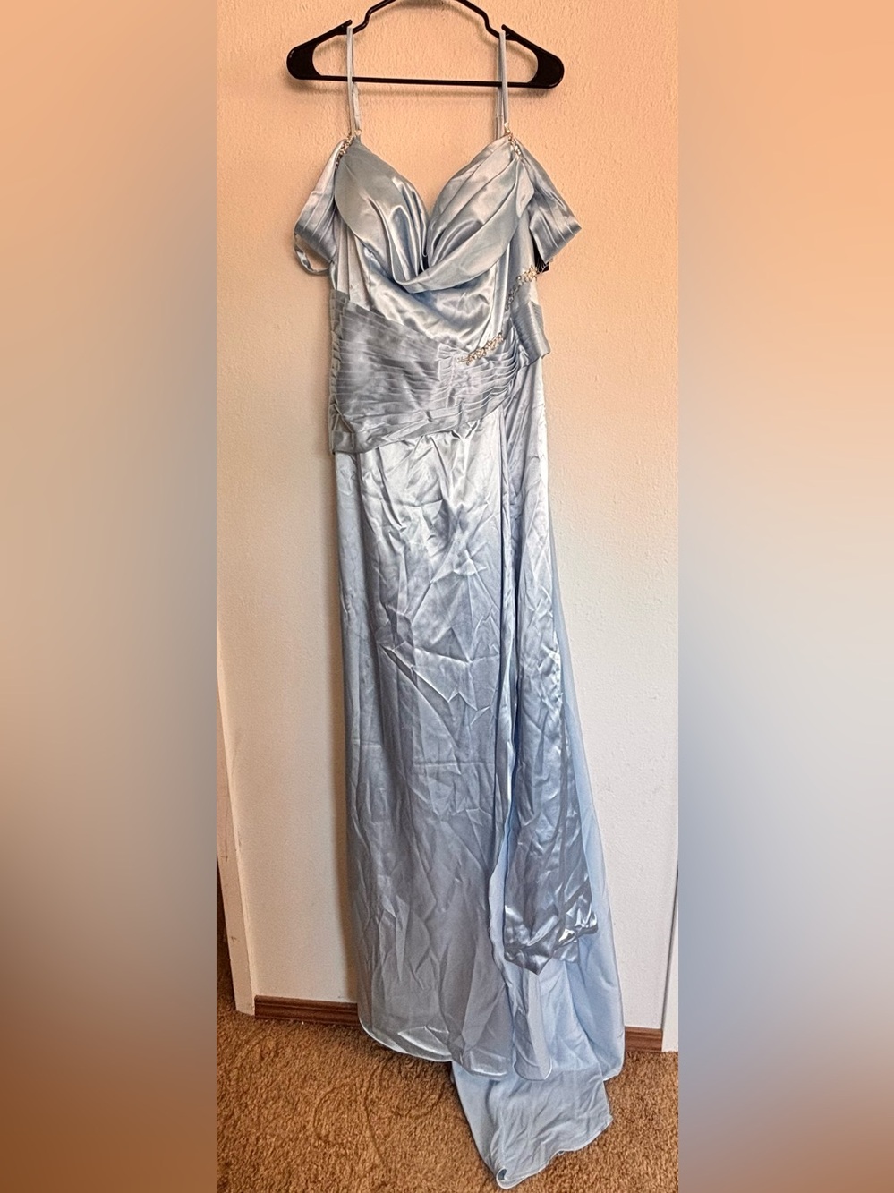 NWT AOYAN Ice Blue Satin Prom Gown 20W Corset Back Slit Formal Dress